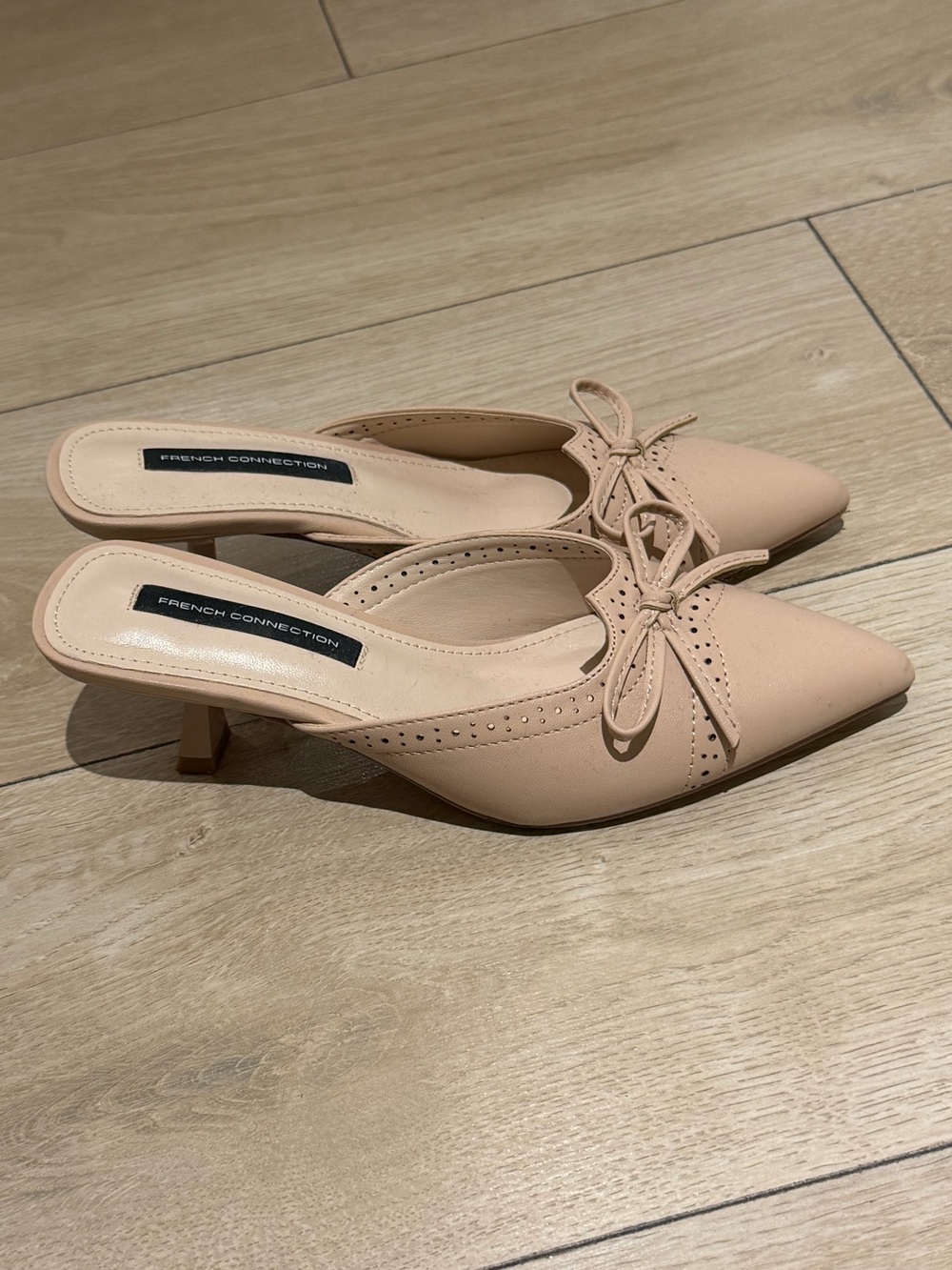 French Connection Blush Bow Pointed-Toe Kitten Heel Mules